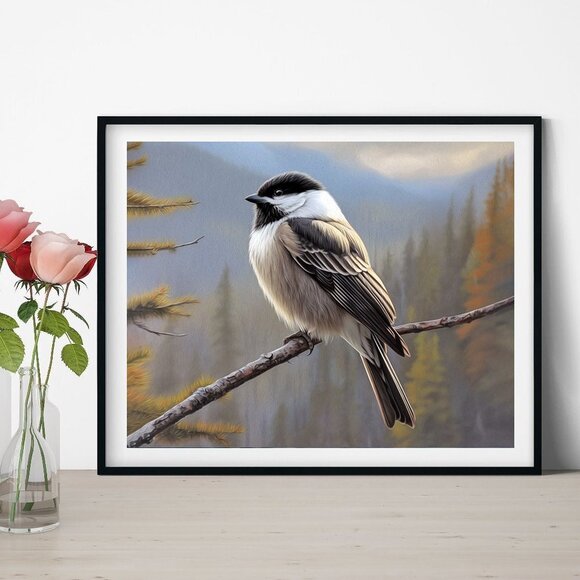 8x10 Chickadee Black‎ White Bird Watercolor Oil Painting Print - Picture 1 of 5